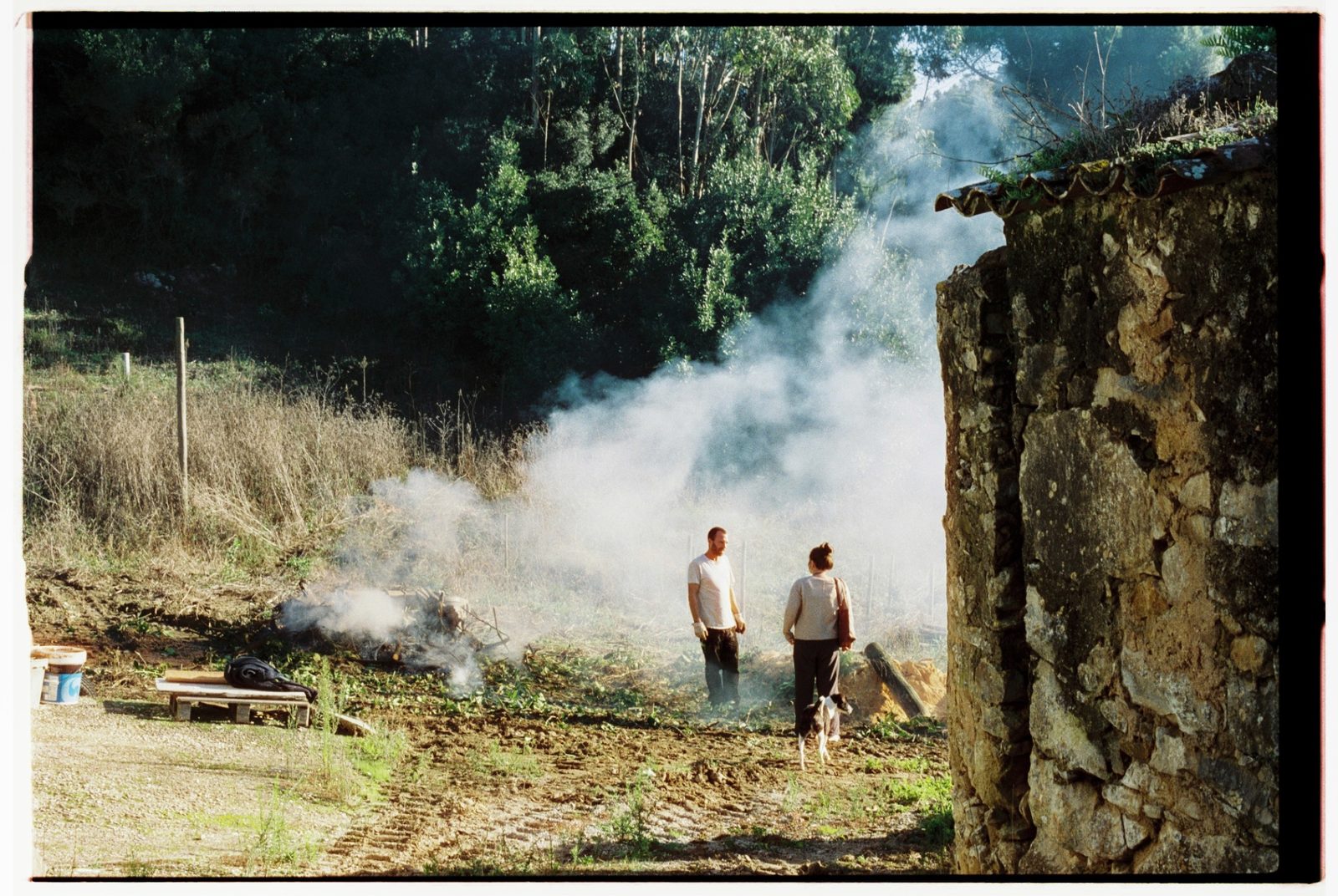 Two people and a dog standing in a field beside a smoking bonfire, an old stone building at the edge of the frame.